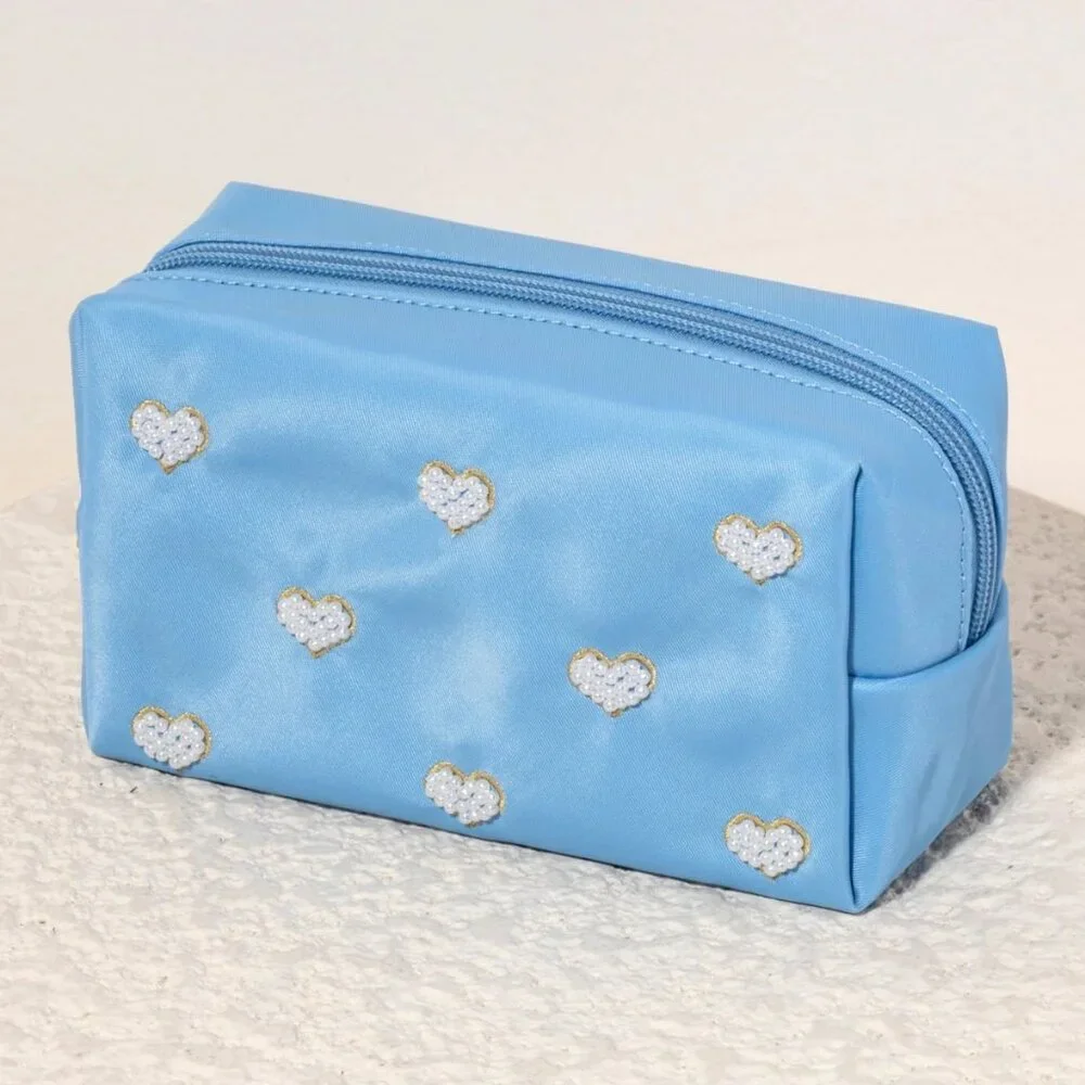 Anthropologie Blue Heart Makeup Bag Cosmetic Pouch Travel Organizer NWT